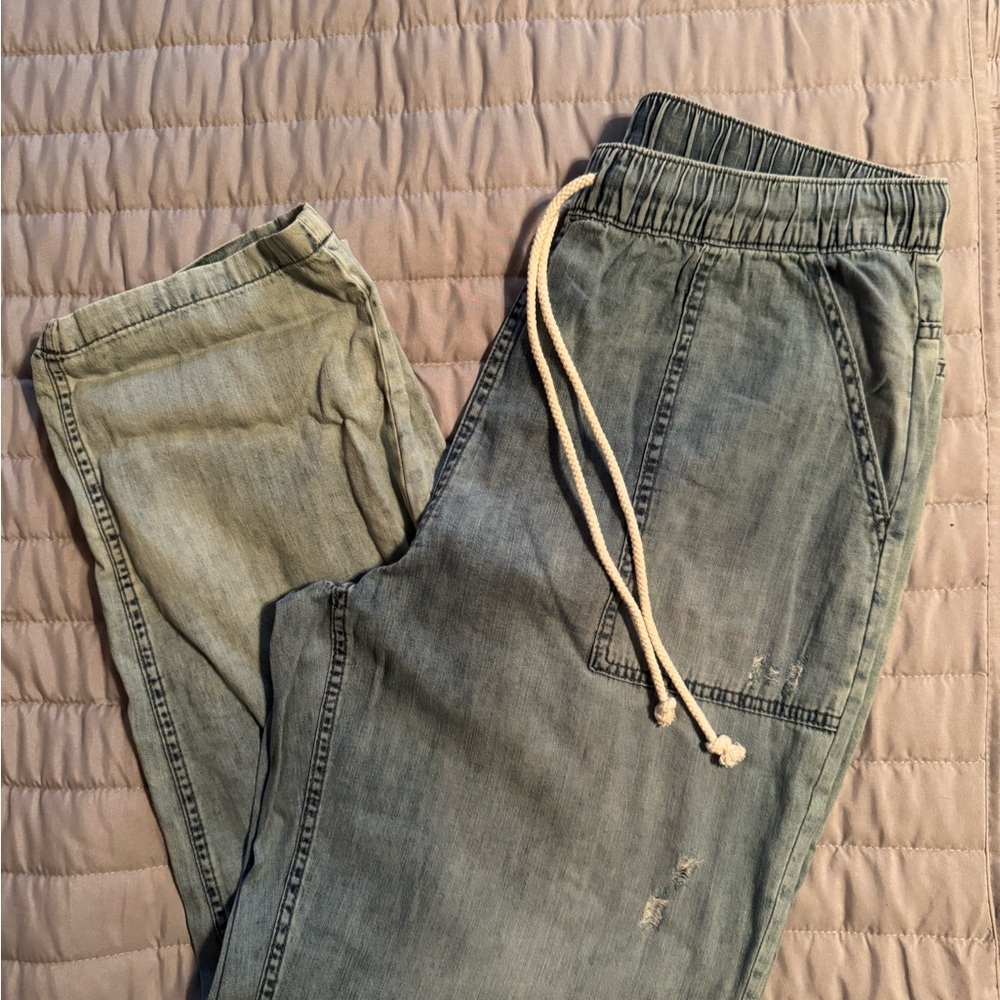 Aerie Distressed Denim Blue Elastic Waist Pants